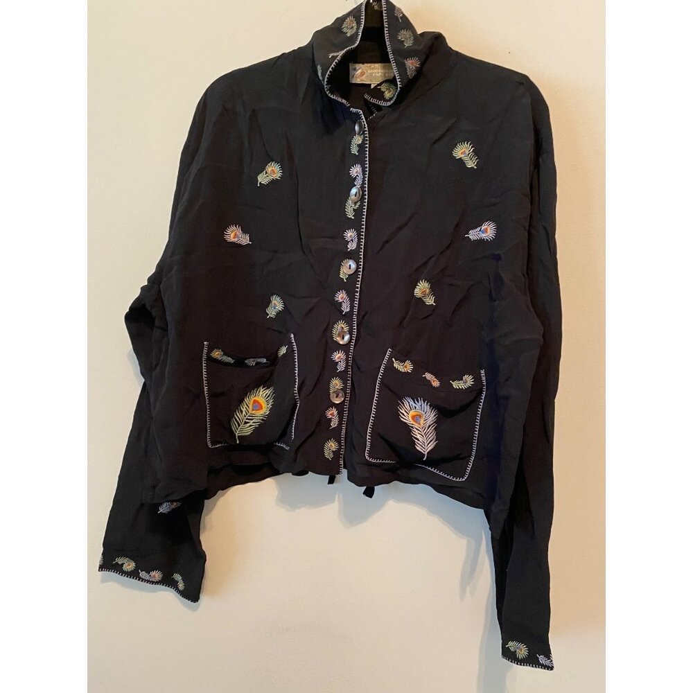 Papy Boez Black Boho Jacket Embroidered Peacock Feather Design Button Front M/L